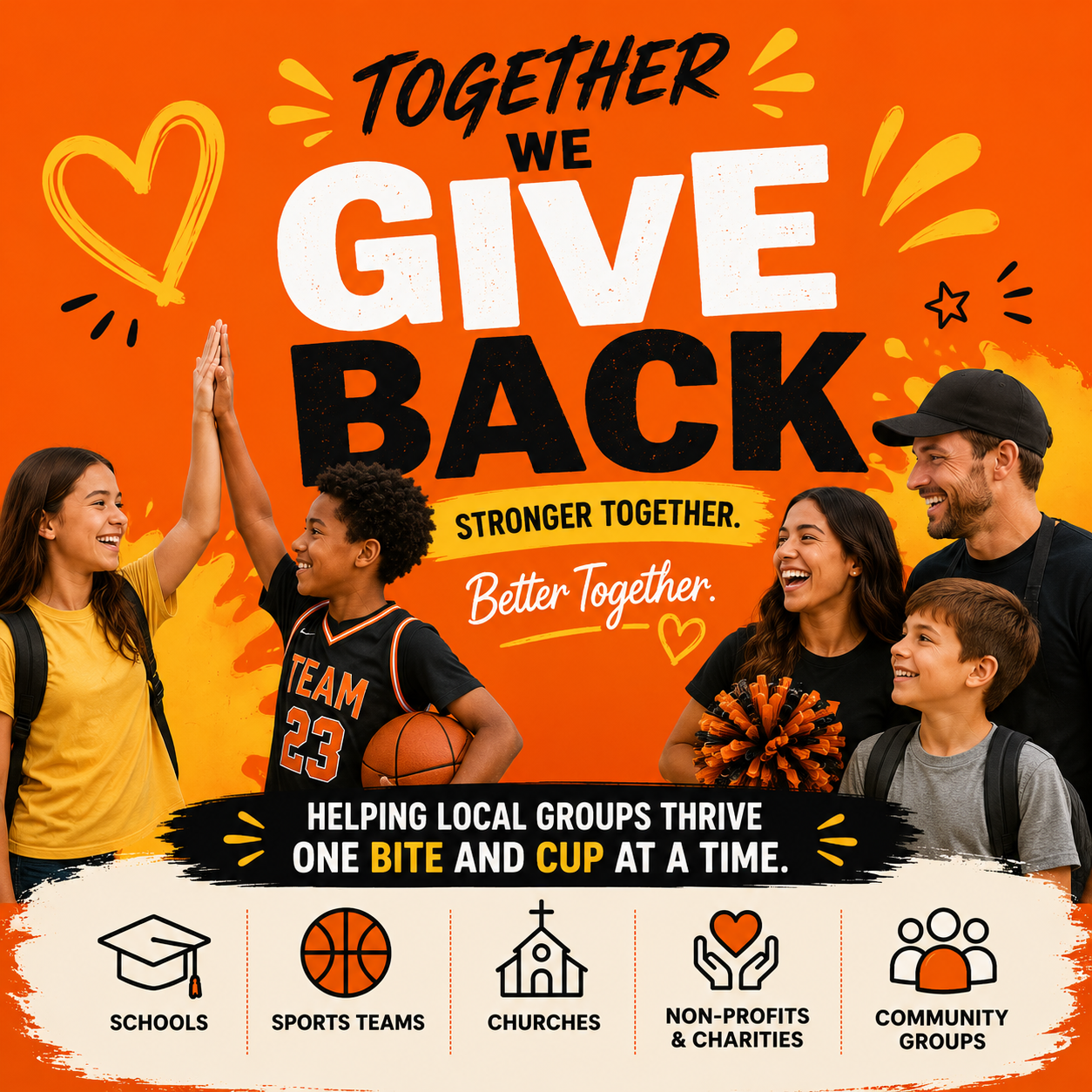 Together We Give Back artwork showing students, sports teams, families, and local community supporters