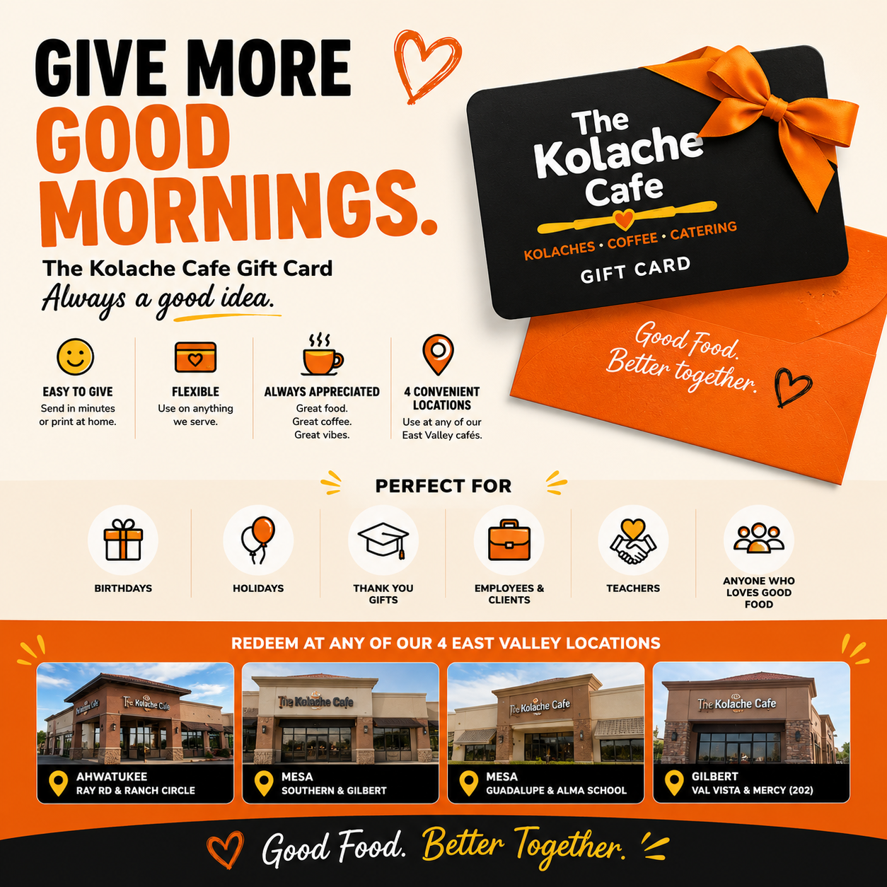 The Kolache Cafe gift card with orange ribbon and breakfast gifting message