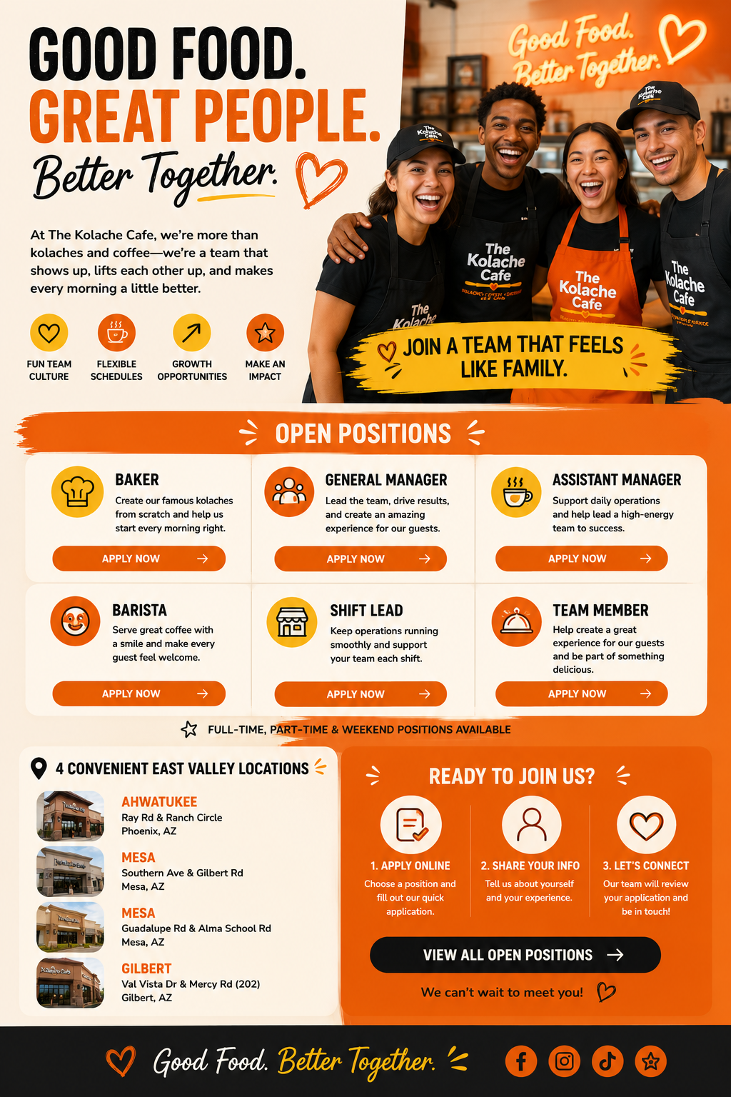 Happy Kolache Cafe team members with Good Food Great People hiring message